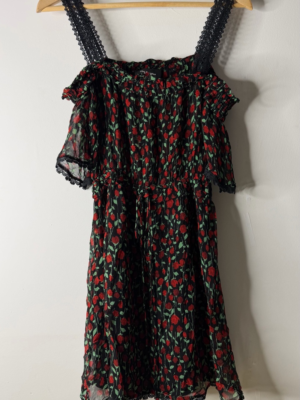 The Kooples Black Midi Dress with Red Rose Print and Green Foliage